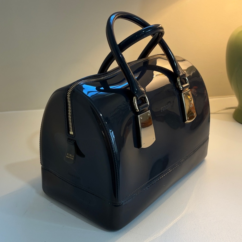 Furla glossy jelly bean grey satchel handbag with Gold Accents.